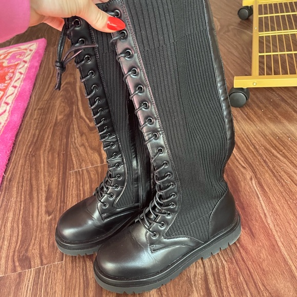Black Pu Contrast Knitted Lace Up Knee Chunky Boots - Picture 11 of 11